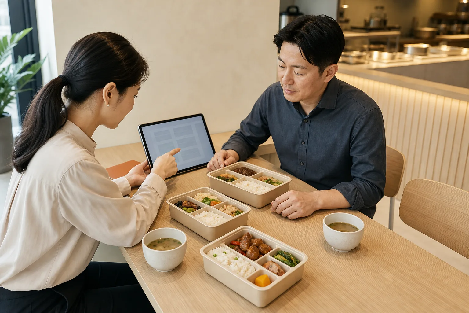 企业用餐负责人核对餐盒与用餐安排